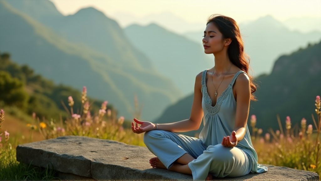 "A serene woman in a pale blue yoga outfit sits cross-legged on a natural stone bench amidst lush greenery and vibrant flowers, exuding inner calm."