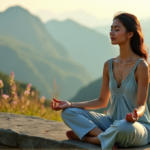 "A serene woman in a pale blue yoga outfit sits cross-legged on a natural stone bench amidst lush greenery and vibrant flowers, exuding inner calm."