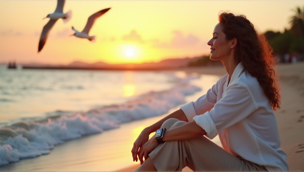 "A serene woman sits on a tranquil beach at sunset, surrounded by nature's beauty, with her digital wellness tools integrated into her daily life."