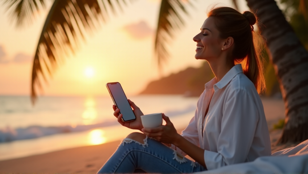 "A serene woman sits on a tranquil beach at sunset, using her iPhone with a mindfulness app while sipping coffee, surrounded by palm trees and warm golden light."
