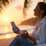 "A serene woman sits on a tranquil beach at sunset, using her iPhone with a mindfulness app while sipping coffee, surrounded by palm trees and warm golden light."