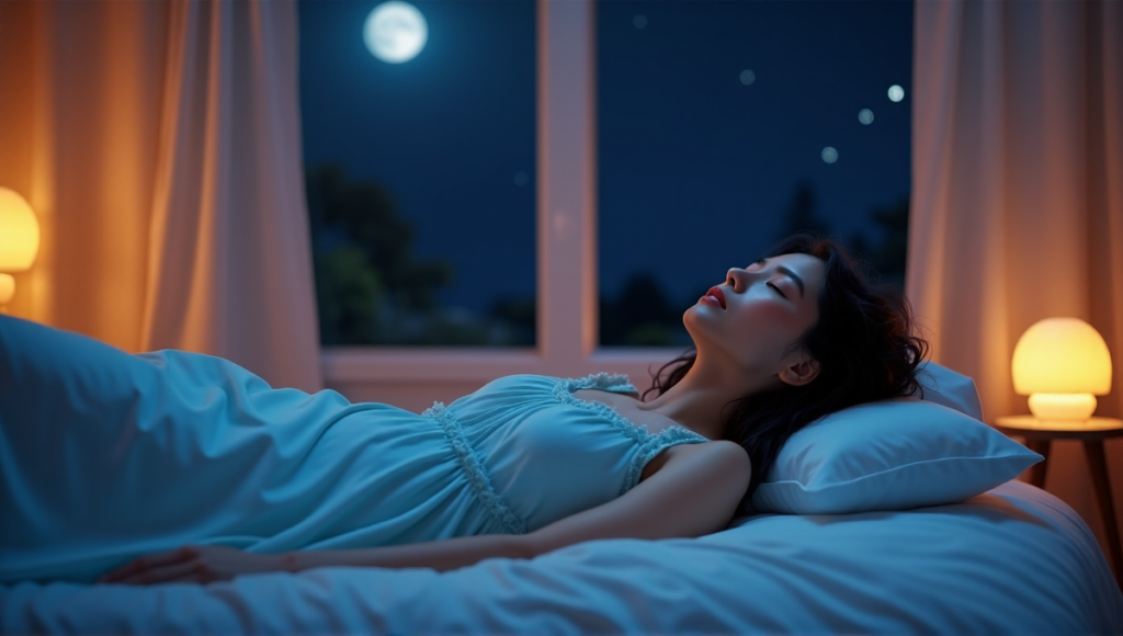 "A serene bedroom scene featuring a woman relaxing on her back surrounded by digital wellness tools, including a white noise machine, essential oil diffuser, and smart alarm clock."