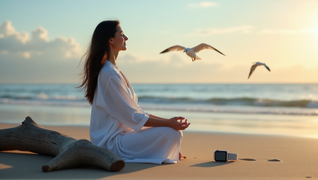 "A serene woman meditates on a beach at sunrise, surrounded by digital wellness tools, exuding inner peace amidst gentle waves and seagulls."