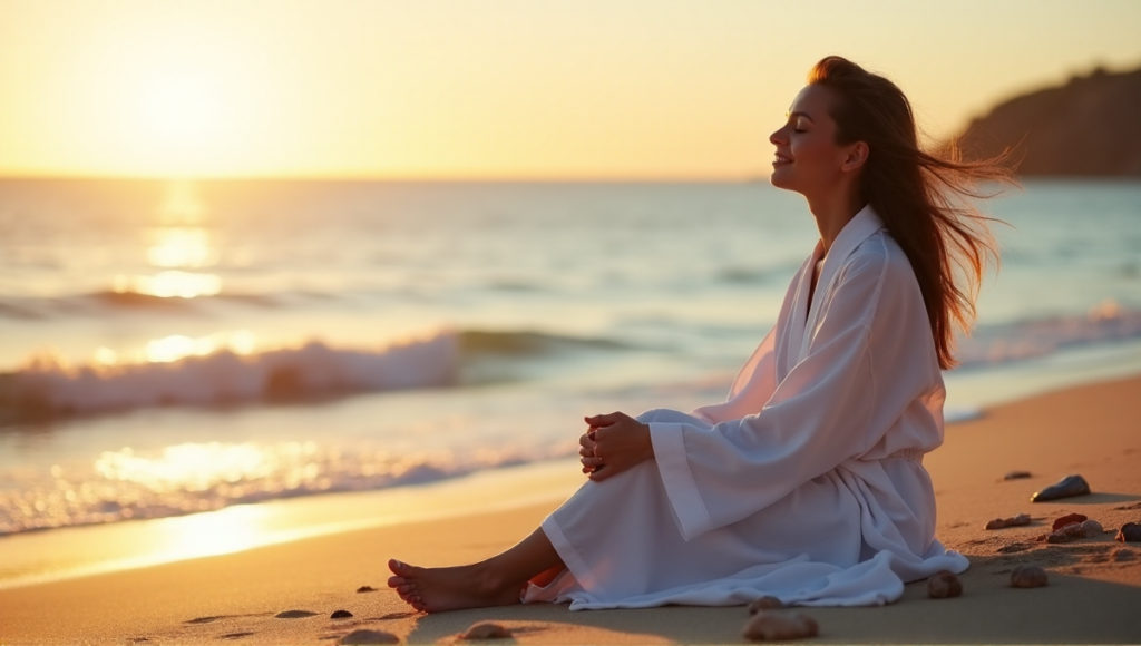 "A serene woman sits on a tranquil beach at sunset, embodying balance with Calmio's digital wellness tools, surrounded by ocean and natural elements."
