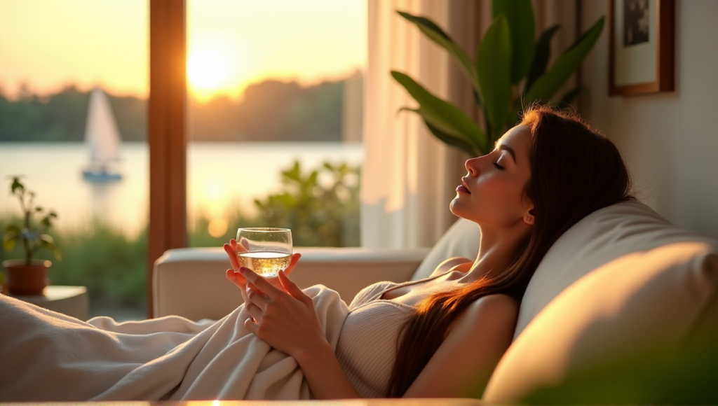 "A serene woman reclines on a plush couch surrounded by lush greenery and soft lighting, holding a glass of calming herbs and cradling a throw blanket."