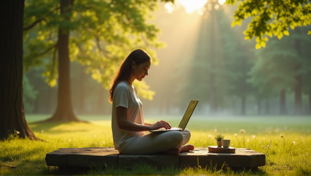 "A serene woman sits on a natural stone bench in a lush forest, surrounded by tall trees and plants, gently holding a laptop with digital wellness tools, exuding calmness and inner peace."
