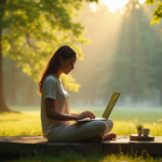 "Unlock Everyday Harmony with Top Digital Wellness Tools" "A serene woman sits on a natural stone bench in a lush forest, surrounded by tall trees and plants, gently holding a laptop with digital wellness tools, exuding calmness and inner peace."