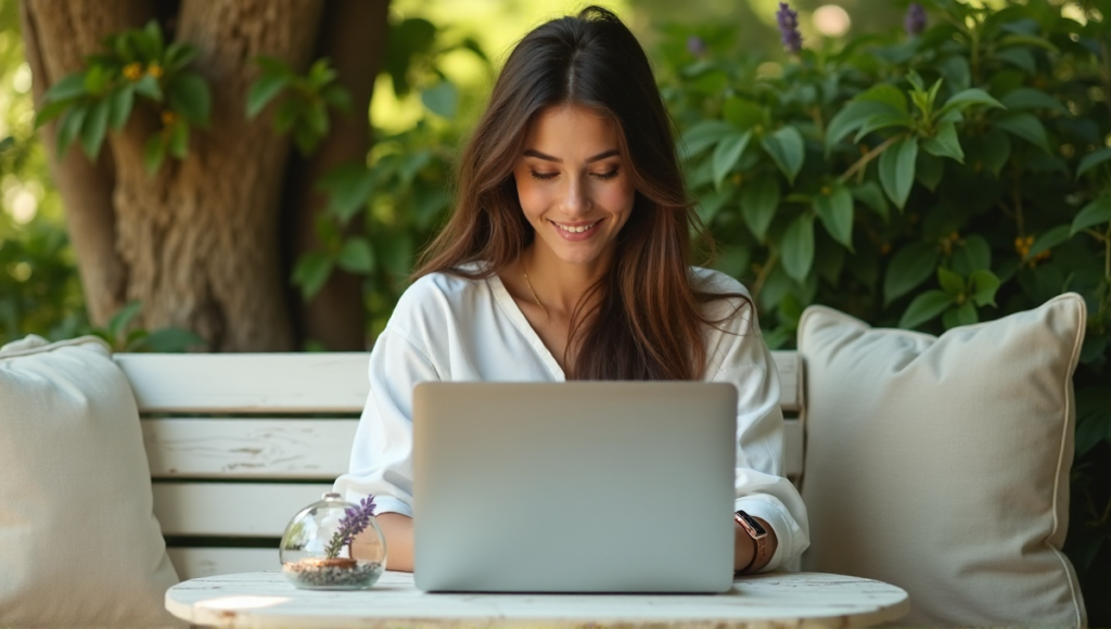 "A young woman sits on a minimalist bench in a serene outdoor setting, surrounded by digital wellness tools like a laptop, smartwatch, and paperweight with fresh lavender."