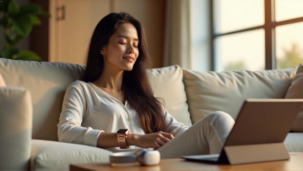 "A serene woman sits on a cream-colored couch surrounded by digital wellness tools, exuding contentment in a peaceful living room setting."