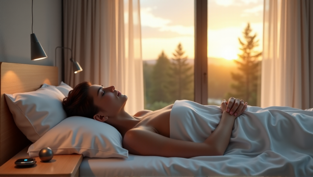"A serene bedroom scene featuring a person sleeping on a plush bed surrounded by digital wellness tools: soft blue LED nightlight, silver smartwatch, and rosewood meditation device."