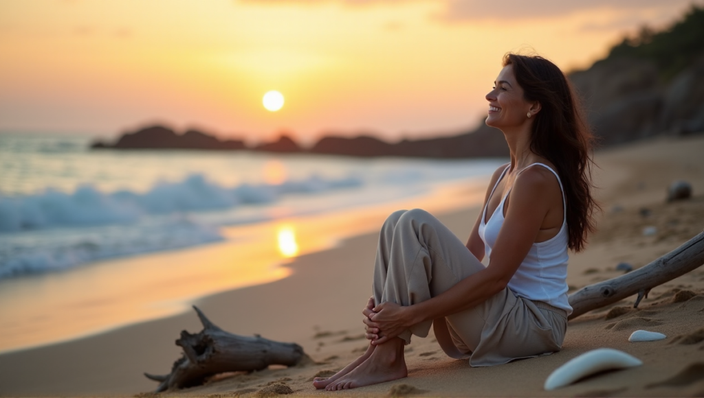 "A serene woman sits on a tranquil beach at sunset, surrounded by warm sand, driftwood, and sea shells, embodying balance with digital wellness tools in harmony with nature."