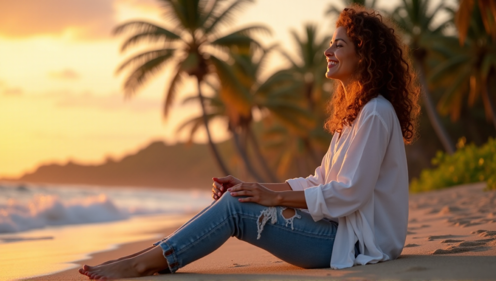 "A serene woman sits on a tranquil beach at sunset, surrounded by palm trees, embodying balance with CalmTech-Life's digital wellness tools."