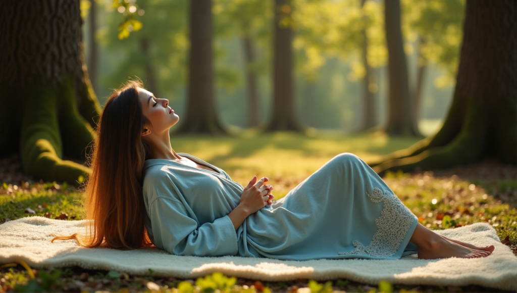 "A serene woman lies on a plush meditation mat in a peaceful forest clearing, surrounded by towering trees, dressed in a soft pale blue robe with intricate embroidery."