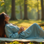 "A serene woman lies on a plush meditation mat in a peaceful forest clearing, surrounded by towering trees, dressed in a soft pale blue robe with intricate embroidery."