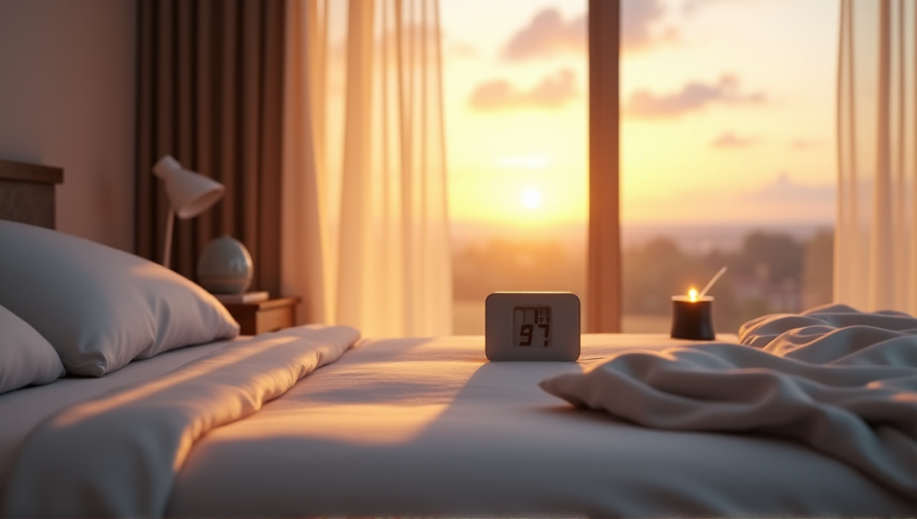 "A serene bedroom scene featuring a silver smart alarm clock and various digital wellness tools, bathed in warm golden hour light."