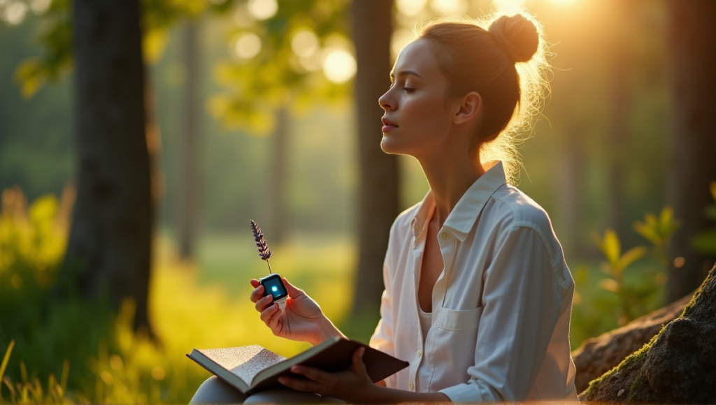 "A serene woman sits on a natural stone bench in a lush forest, surrounded by tall trees, using digital wellness tools like a smartwatch and journal to cultivate mindfulness."