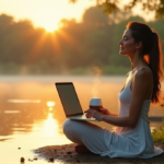 Discover Your Path to Digital Serenity: Top Digital Wellness Tools for Inner Peace and Balance A serene woman sits on a lake shore at dawn, surrounded by lush greenery and vibrant wildflowers, with digital wellness tools nearby, evoking feelings of inner peace and balance.