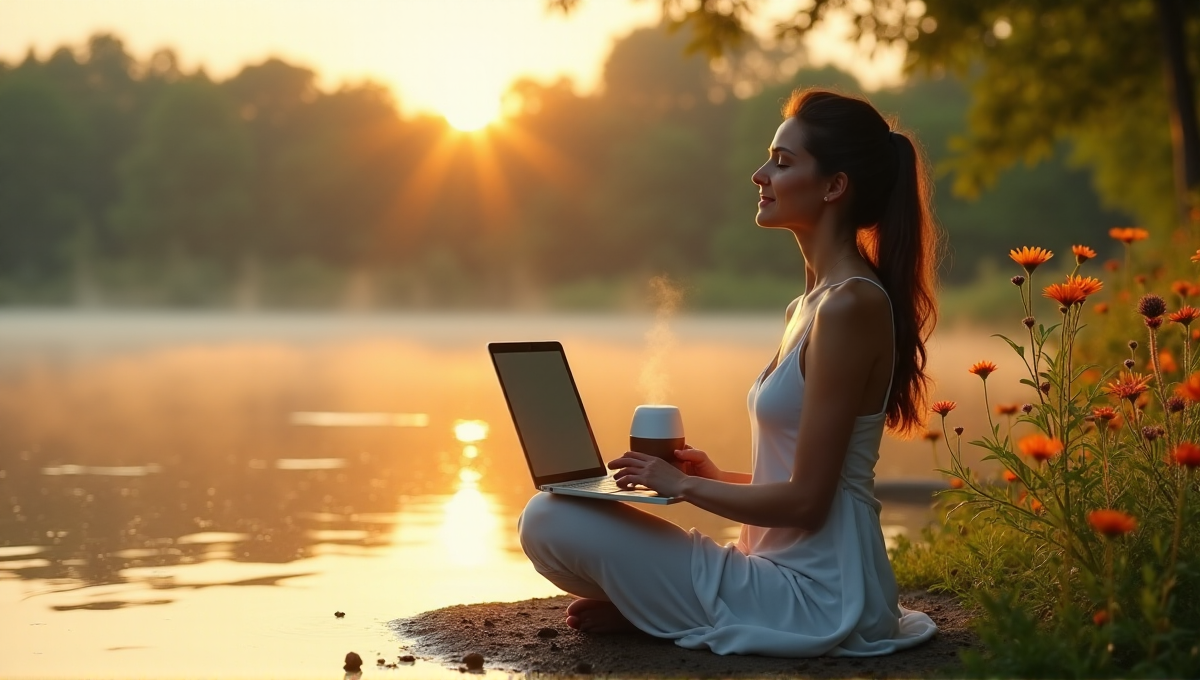 A serene woman sits on a lake shore at dawn, surrounded by lush greenery and vibrant wildflowers, with digital wellness tools nearby, evoking feelings of inner peace and balance.