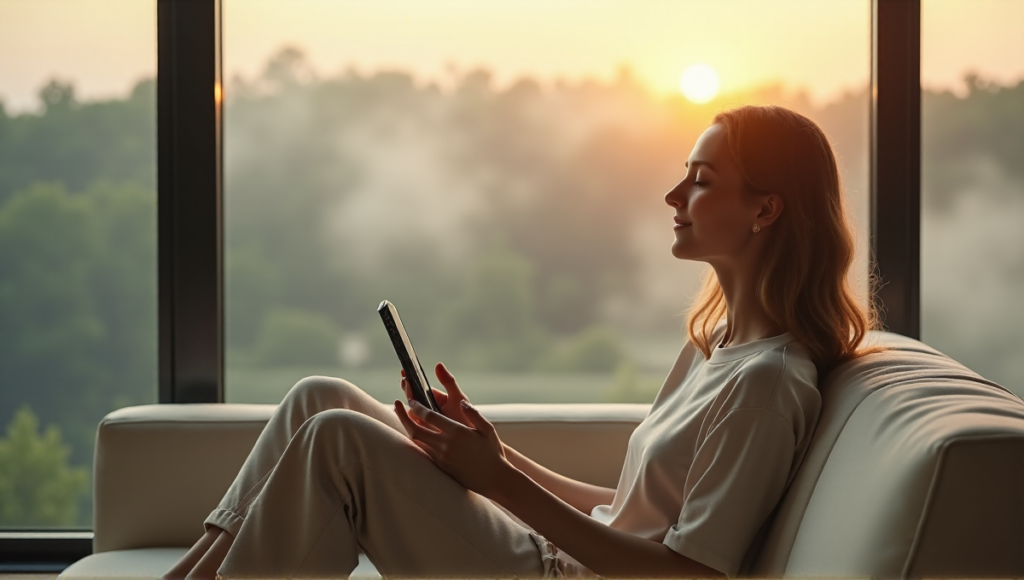 "A serene woman sits on a couch in a minimalist living room with a misty forest view, surrounded by digital wellness tools like an EEG headset, smartwatch, and essential oils."