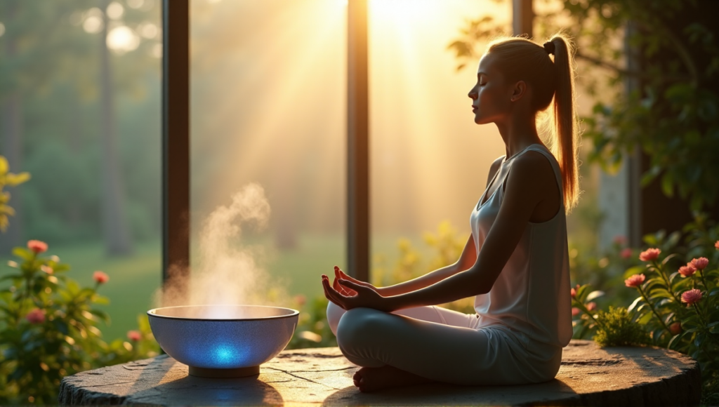 "A serene woman sits on a natural stone bench surrounded by lush greenery and vibrant flowers, wearing a sleek smartwatch with a calming blue display next to a crystal meditation bowl."