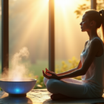 "A serene woman sits on a natural stone bench surrounded by lush greenery and vibrant flowers, wearing a sleek smartwatch with a calming blue display next to a crystal meditation bowl."