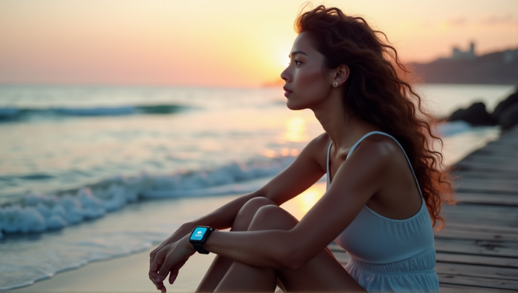 "A young woman sits on a serene beach at sunset, surrounded by ocean waves, with a smartwatch and smartphone displaying mental health tracking apps."