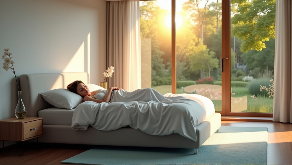 "A serene bedroom scene featuring a person sleeping peacefully on a plush white bed surrounded by calming elements and natural light pouring in through a large window."