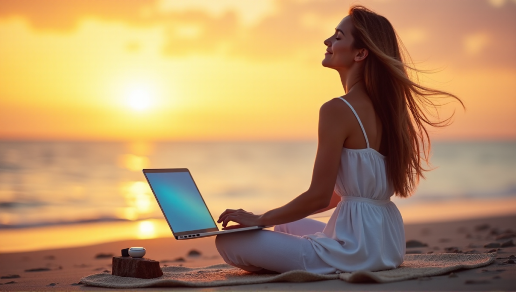"A serene woman sits on a beach at sunset, surrounded by digital wellness tools, embracing perfect work-life balance amidst nature's tranquility."