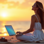 Achieve Perfect Work-Life Balance with AI-Powered Digital Wellness Solutions "A serene woman sits on a beach at sunset, surrounded by digital wellness tools, embracing perfect work-life balance amidst nature's tranquility."