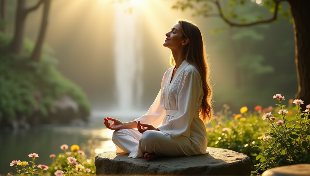 "A serene woman sits cross-legged on a natural stone bench amidst lush greenery and vibrant flowers, exuding inner peace."
