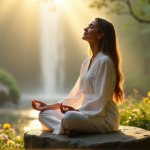 "A serene woman sits cross-legged on a natural stone bench amidst lush greenery and vibrant flowers, exuding inner peace."