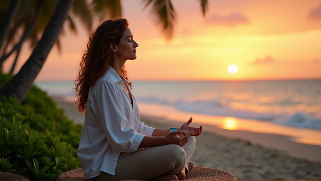 "A serene woman meditates on a tranquil beach at sunset, surrounded by lush greenery and tall palm trees, wearing a smartwatch with a subtle LED display."