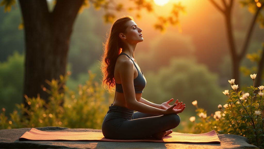 "A serene woman practicing yoga outdoors at sunset, surrounded by lush greenery and natural beauty, embodying holistic wellness with a balanced mind and body."