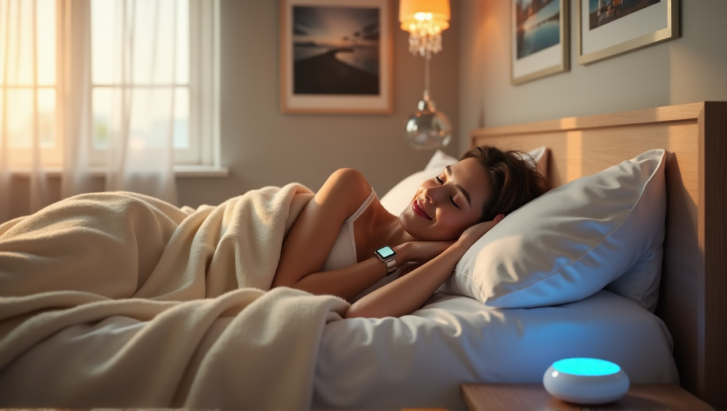 "A serene bedroom scene featuring a woman lying on a plush bed with sleep-tracking smartwatch, essential oil diffuser, and LED nightlight, promoting digital wellness tools and relaxation."