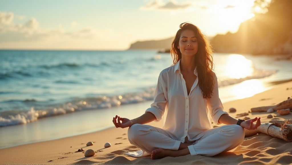 "A serene woman practices yoga on a tranquil beach at sunrise, embodying mindful living with digital wellness tools in harmony with nature."