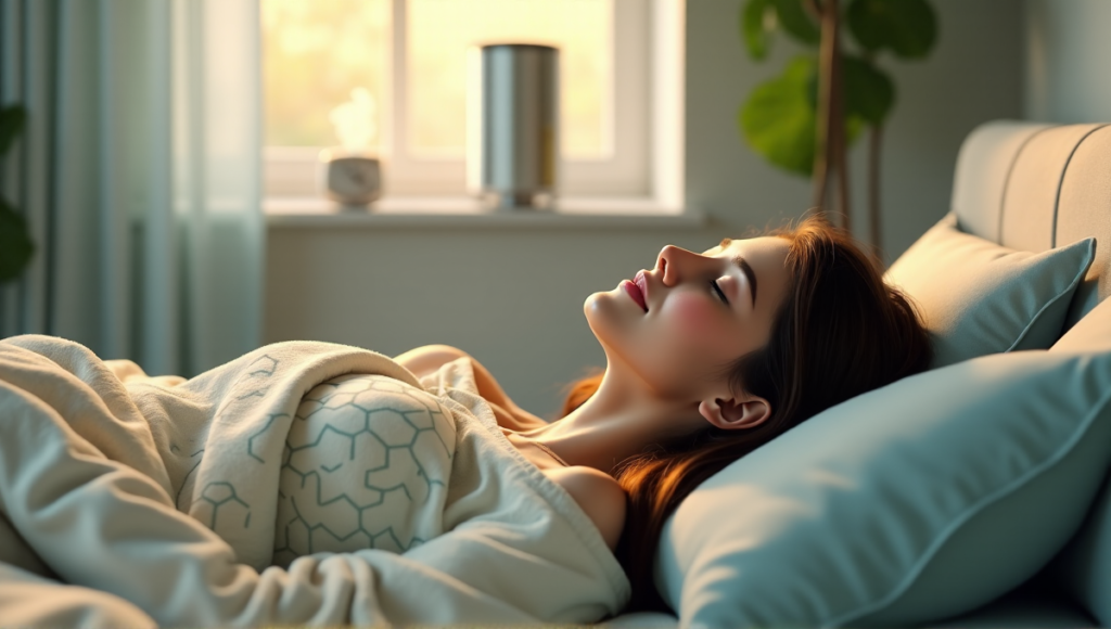 "A serene bedroom scene featuring a woman relaxing on a cream-colored duvet with intricate hexagon patterns, surrounded by calming ambiance and digital wellness tools."