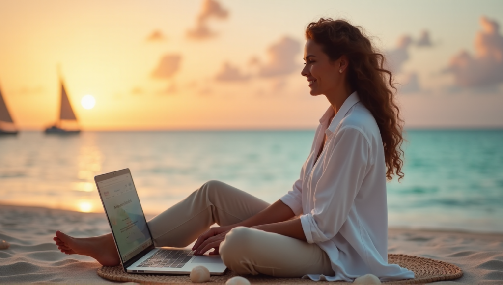 "A middle-aged woman sits on a tranquil beach at sunset, surrounded by seashells and an open laptop displaying calming digital interface, embodying balance with digital wellness tools."