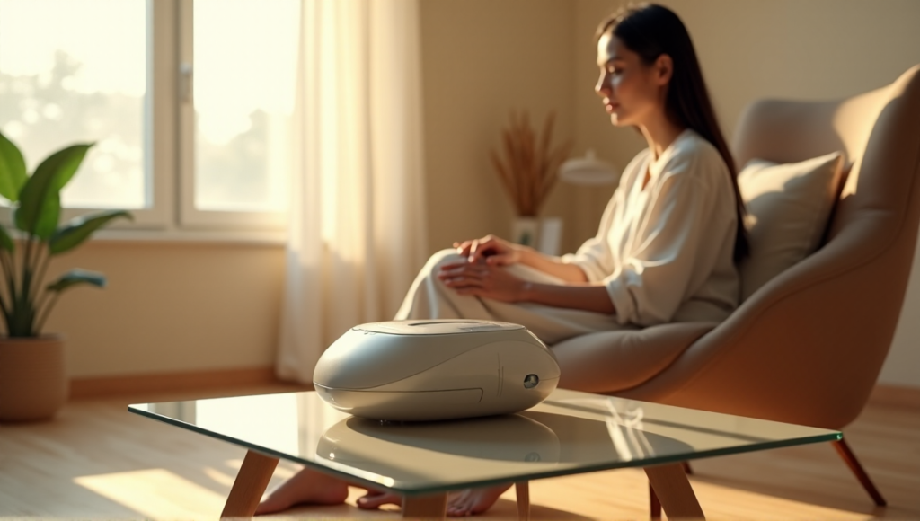 "A person sits comfortably on a minimalist chair, hands resting on a sleek brain-computer interface device in a serene living room with soft lighting."