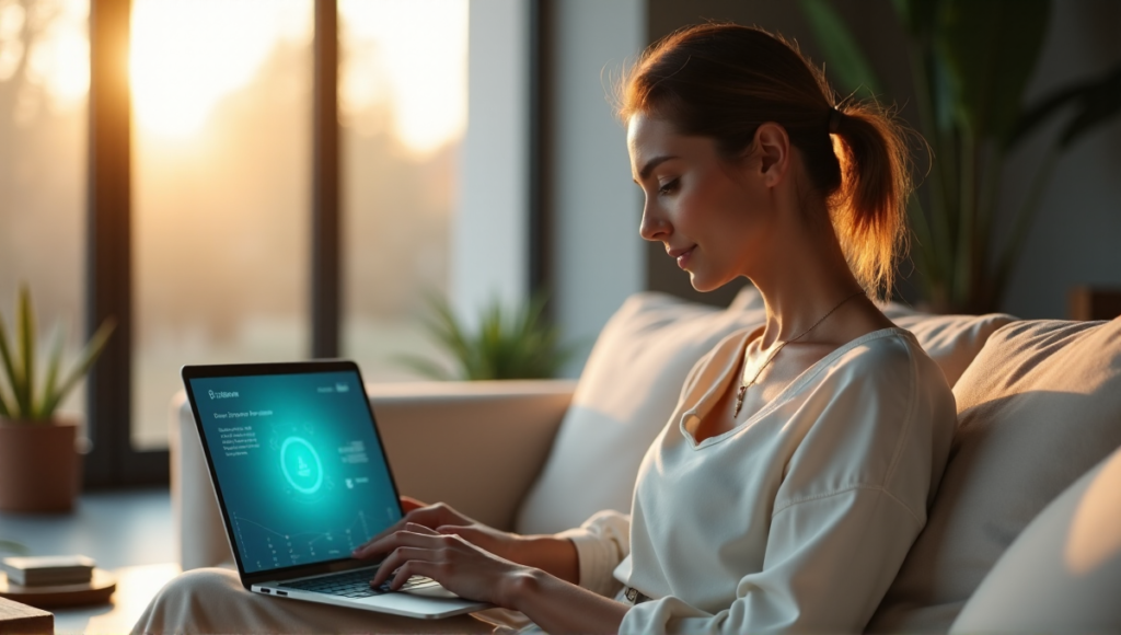 "A serene woman sits on a cream-colored couch, gazing at her laptop displaying a digital wellness app with calming blue hues, surrounded by minimalist decor."