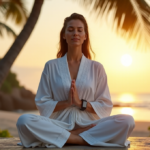 "A serene woman meditates on a tranquil beach at sunset, surrounded by lush greenery and subtle digital wellness tools."