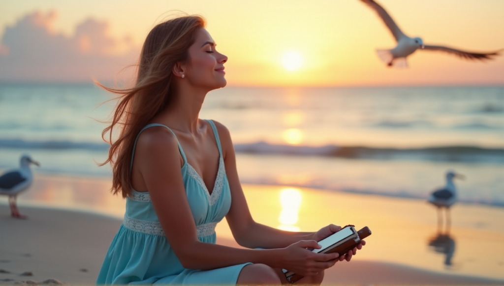 "A serene woman sits on a tranquil beach at sunset, embracing digital wellness tools and mindfulness with her smartphone and journal."