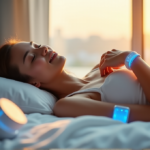 "A serene woman lies peacefully in a minimalist bedroom surrounded by smart wellness gadgets, showcasing digital wellness tools integrated into her sleep routine."