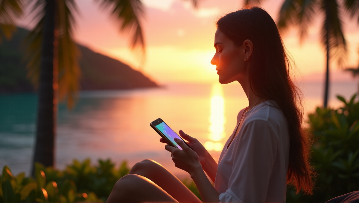 A serene woman sits on a tranquil beach at sunset, using her smartphone with a mental health app, promoting digital wellness tools and mindfulness.