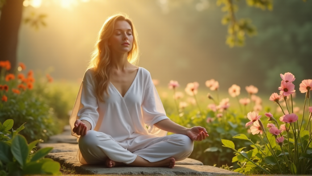 "A serene woman in a white linen tunic sits cross-legged on a natural stone bench amidst lush greenery and vibrant flowers, exuding inner peace."