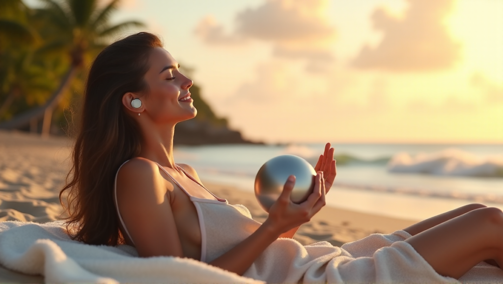 "A serene woman meditates on a beach towel surrounded by palm trees, using digital wellness tools like essential oil diffuser earbuds and a meditation ball."