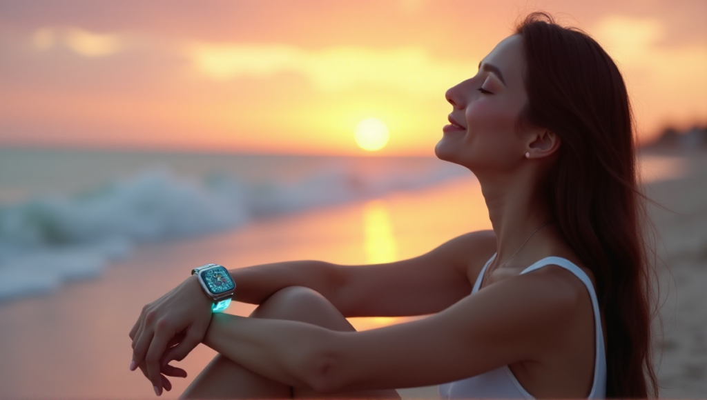 "A serene woman sits on a tranquil beach at sunset, wearing a sleek silver smartwatch with glowing blue interface and delicate patterns, exuding inner peace."
