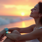 "A serene woman sits on a tranquil beach at sunset, wearing a sleek silver smartwatch with glowing blue interface and delicate patterns, exuding inner peace."