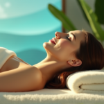 From Rest to Recovery: Unlocking Ultimate Wellness Harmony with Smart Tech Solutions "A serene woman lies on a cream-colored massage table in a peaceful wellness center surrounded by lush greenery and soft colors, with subtle digital wellness tools visible in the background."