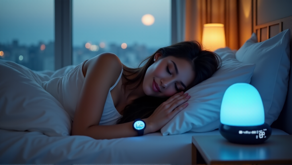 "A serene bedroom scene featuring a woman relaxing on her bed surrounded by smart gadgets promoting digital wellness tools and sleep."