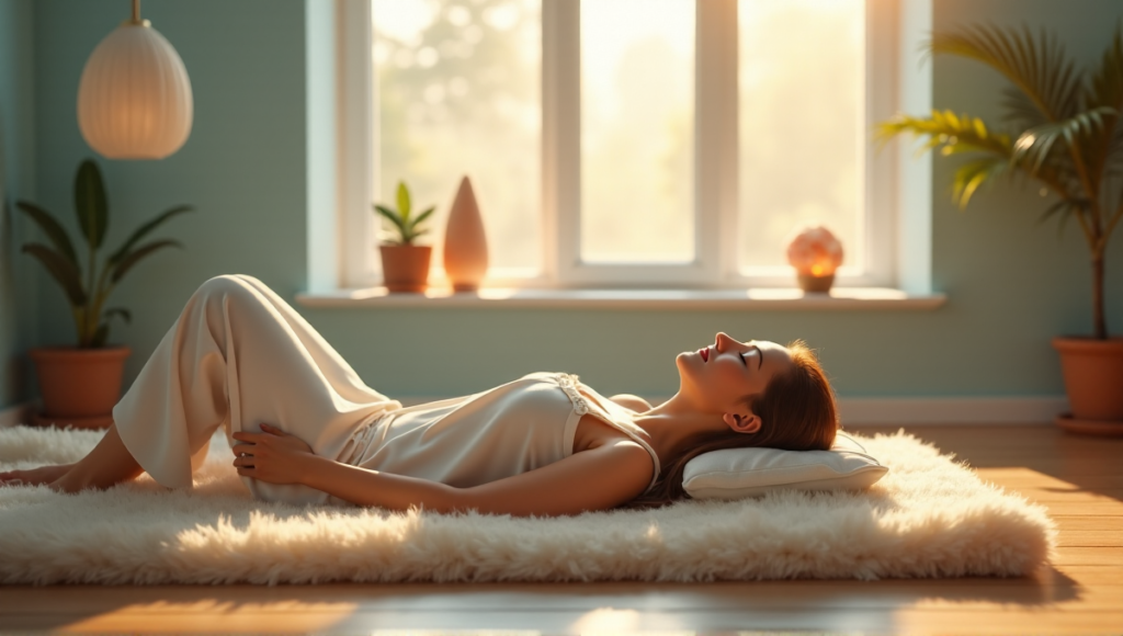 "A serene woman lies on a cream-colored meditation mat in a peaceful living room surrounded by digital wellness tools like essential oil diffusers, Himalayan salt lamps, and calming crystals."